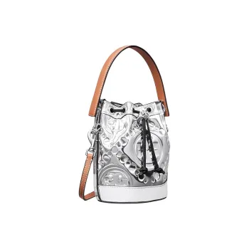 TORY BURCH Cow Leather Bucket Bag, One Shoulder Handbag, Crossbody Bag Mini Women's Silver