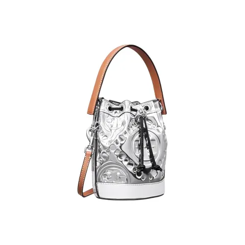 TORY BURCH Cow Leather Bucket Bag, One Shoulder Handbag, Crossbody Bag Mini Women's Silver