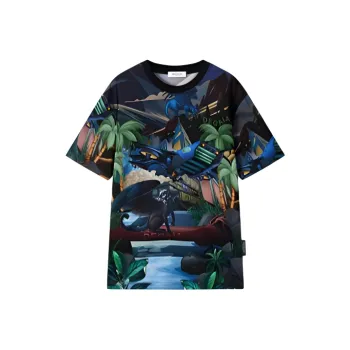 DEGAIA Crew Neck Loose Fit Print Short Sleeved T Shirt Regular T Shirt Men's Black Plant