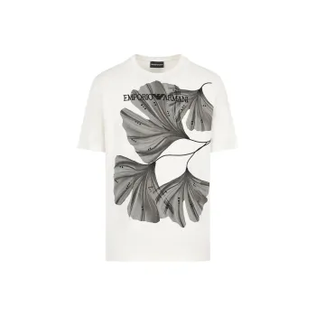 EMPORIO ARMANI Letter Plant Embroidery Print Crew Neck Short Sleeved T Shirt Men's White
