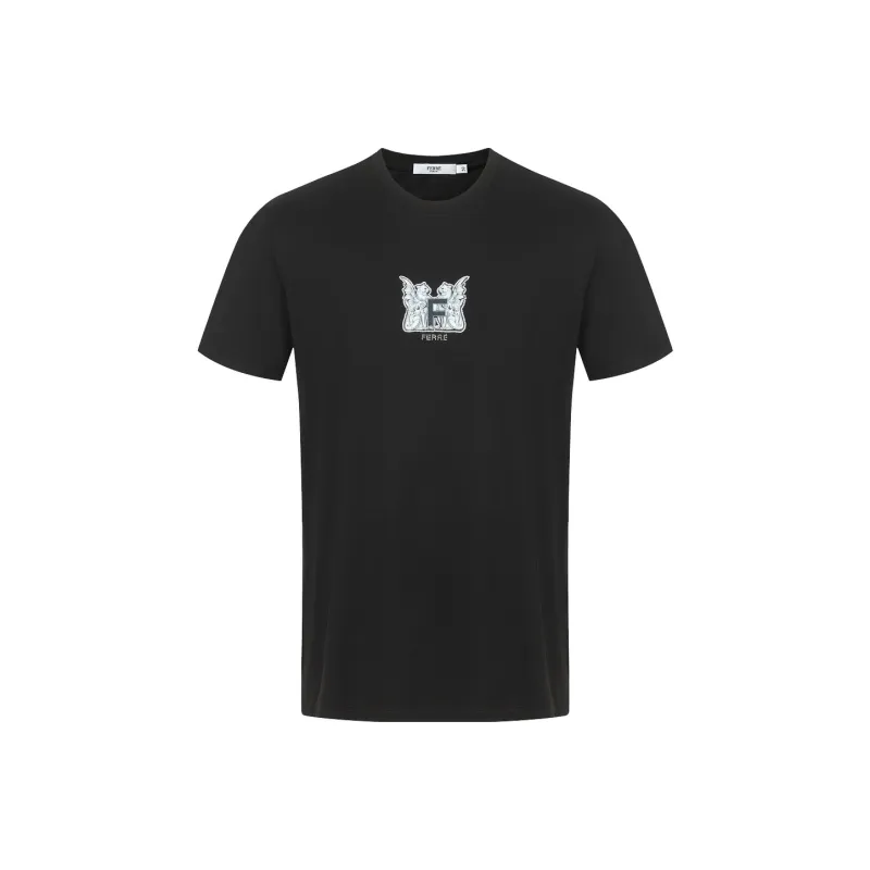 FERRE Letter 3D Effect Embossed Rhinestone Trim Crew Neck Short Sleeved T Shirt Men's Black-0