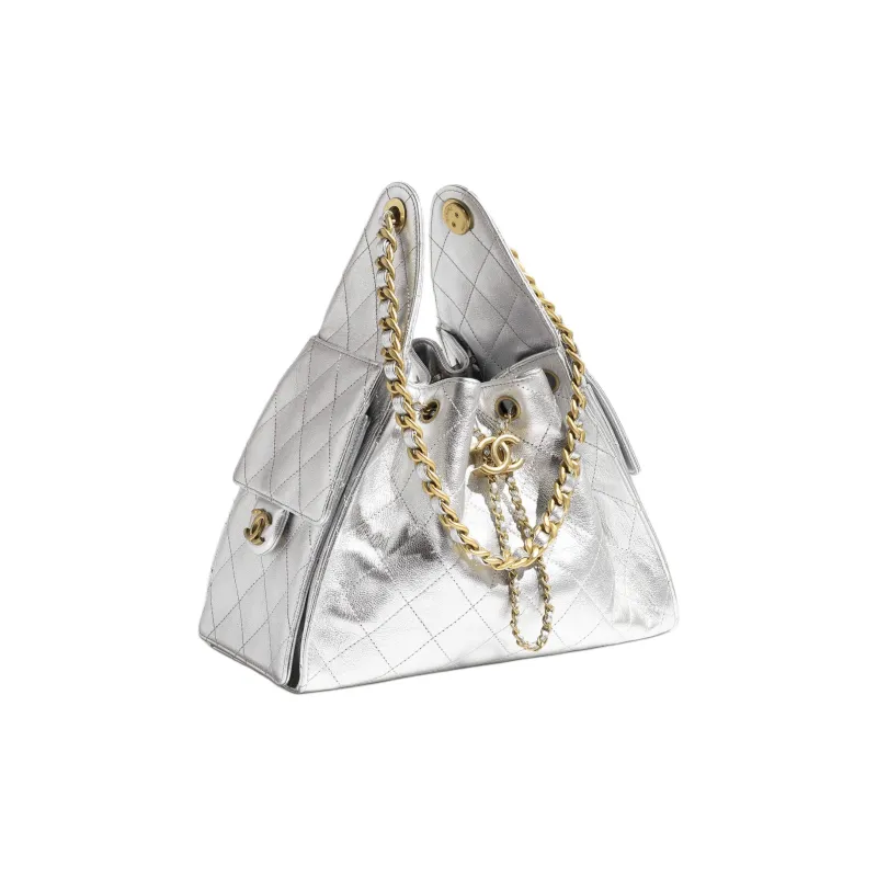 CHANEL Tweed With Fabric Hobo Bag, Handbag, Shoulder Bag Trumpets Women's Silver-1
