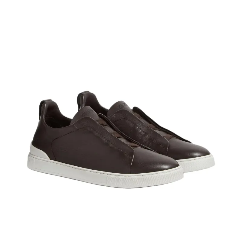 Zegna Triple Stitch Secondskin Low Top Skateboard Shoes Men's Dark Brown-2