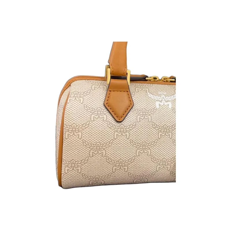 MCM Intertwined Letter Canvas One Shoulder Handbag, Boston Bag Mini Women's Oat-2