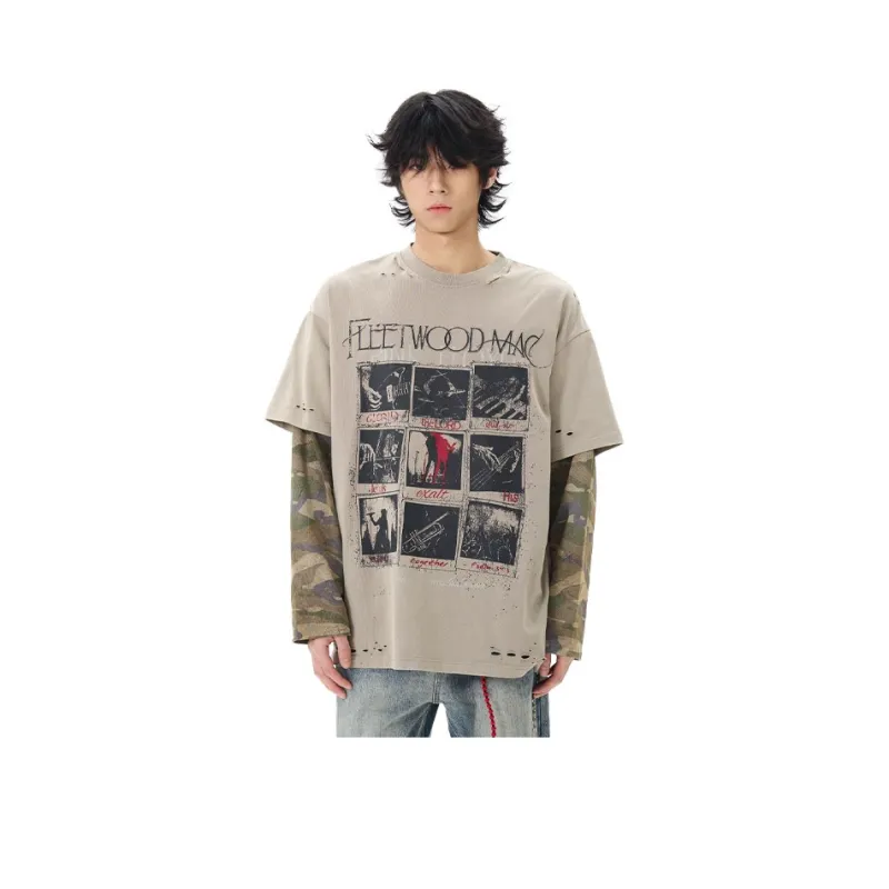WLNEXT T Shirts Handsome High Quality Camouflage Stitched Tops Tide Unisex Khaki-0