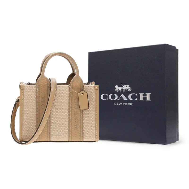 COACH Smith Fabric With Cow Split Leather Tote Bag Shopping Bag Handbag Mini Women's Deep Natural & Mixed Color-9