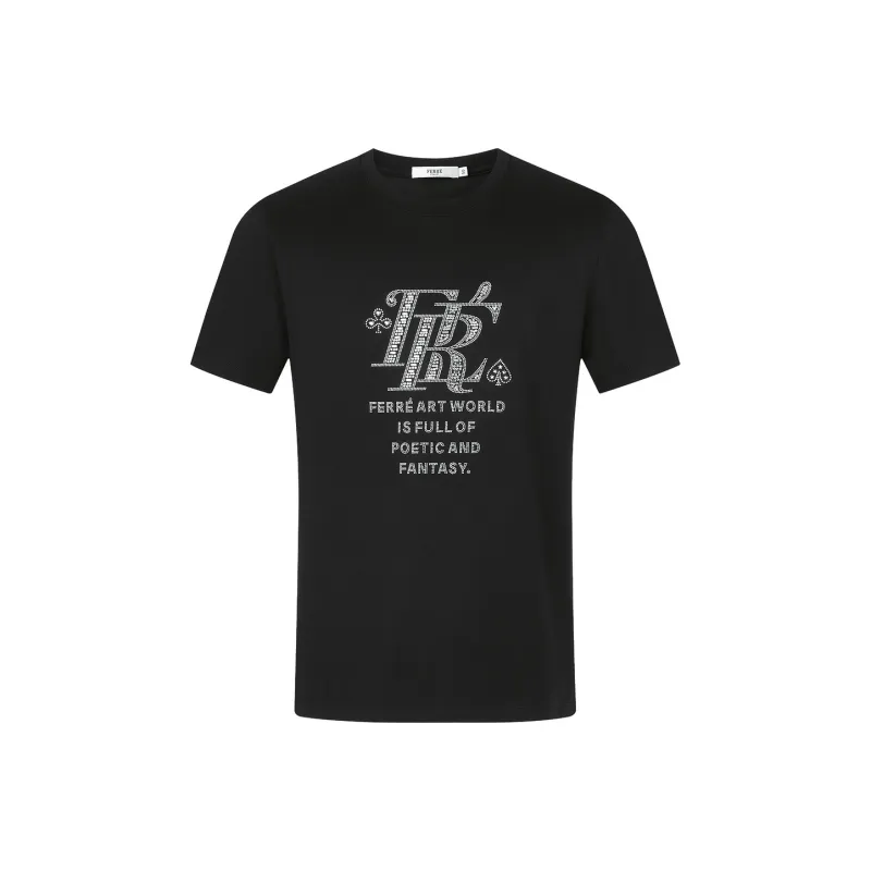 FERRE Rhinestone Decoration Letter Pullover Crew Neck Short Sleeved T Shirt Men's Black-0