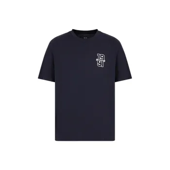 ARMANI EXCHANGE Solid Color Logo Embroidered Crew Neck Short Sleeved Shirt T Shirt Men's Marine Blue