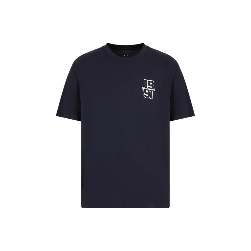 ARMANI EXCHANGE Solid Color Logo Embroidered Crew Neck Short Sleeved Shirt T Shirt Men's Marine Blue-0
