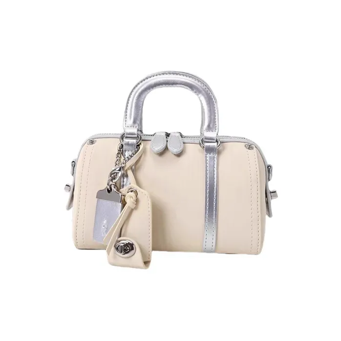 OCTSUI Synthetic Leather Boston Bag One Shoulder Handbags Women's Brown/Ecru/Glacier Blue-7