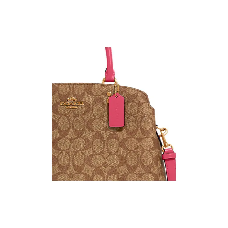 COACH Lillie Canvas With Leather One Shoulder Crossbody Bag Crossbody Bag Handbag Large Size Women's Khaki & Rose Red-3