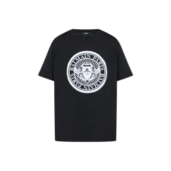 BALMAIN Logo Flocked Crewneck T Shirt