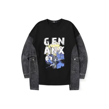 GENANX Crew Neck Loose Fit Mock Two Piece Sweatshirt Unisex Black