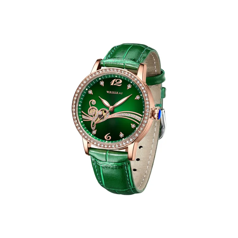 WSK Automatic Mechanical Movement Cowhide Strap Watch Women's Watch Green Dial-1