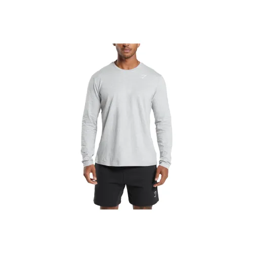 GYMSHARK CREST LONG SLEEVE T SHIRT T Shirt Men's Light Gray Mudstone Gray