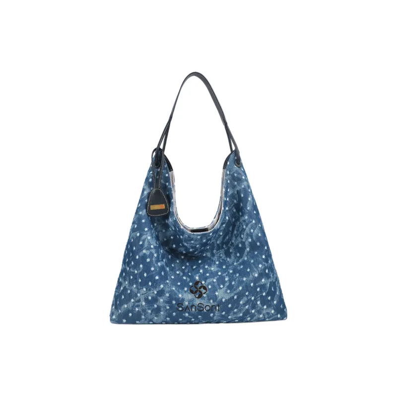 SANSONT Stars Pattern Washed Denim Tote Bag, Shoulder Bag Regular Women's Denim Blue-3
