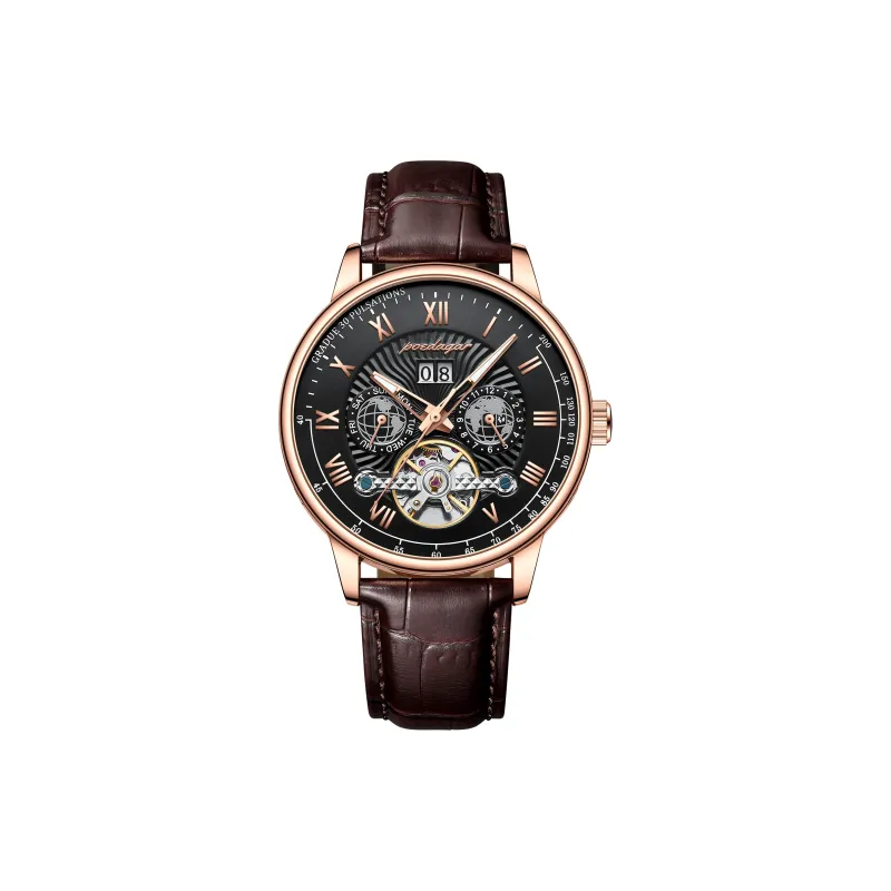 POEDAGAR Automatic Mechanical Movement Leather Strap Watch Men's Watches Gold Dial-5