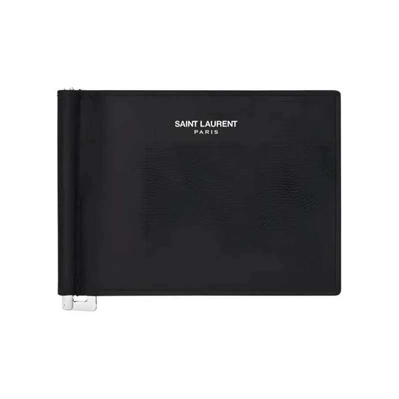 SAINT LAURENT Paris Bill Clip Wallet In Grain De Poudre Embossed Leather Black-0