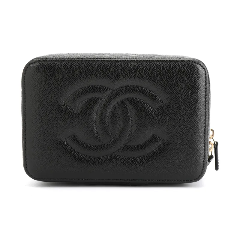 CHANEL Litchi Grain Cow Leather Makeup Bag Women's Black-3