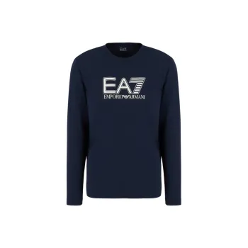 EMPORIO ARMANI EA7 Letter Logo Print Crew Neck Slim Fit Long Sleeved T Shirt Men's Navy Blue