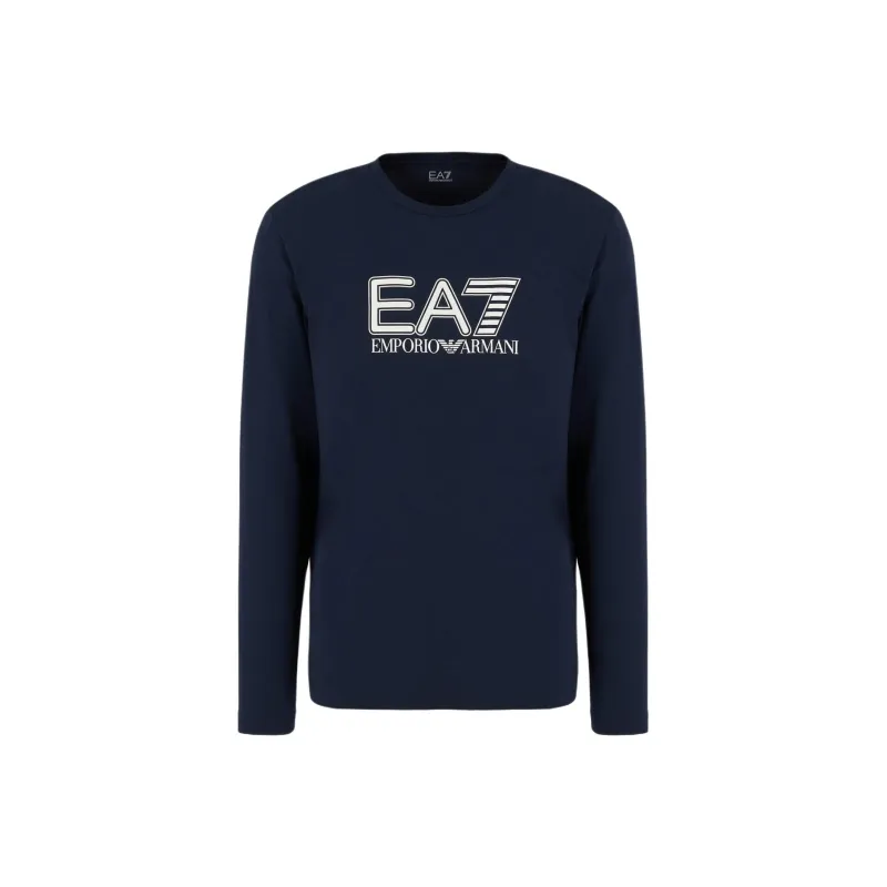 EMPORIO ARMANI EA7 Letter Logo Print Crew Neck Slim Fit Long Sleeved T Shirt Men's Navy Blue-0