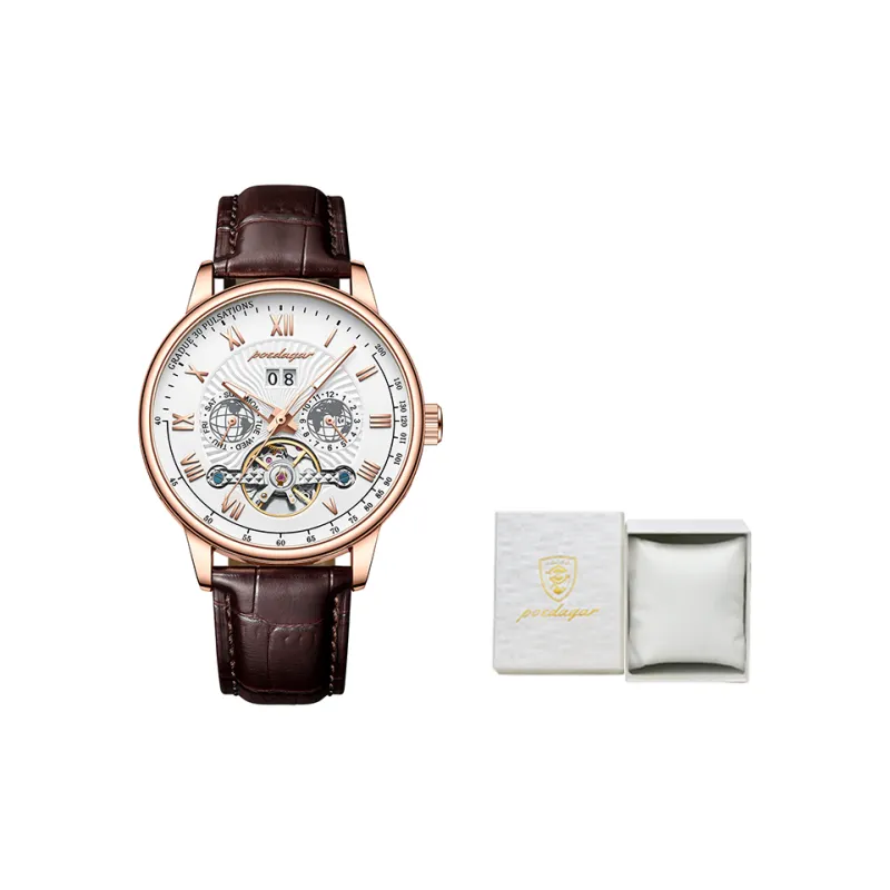 POEDAGAR Automatic Mechanical Movement Leather Strap Watch Men's Watches Gold Dial-1