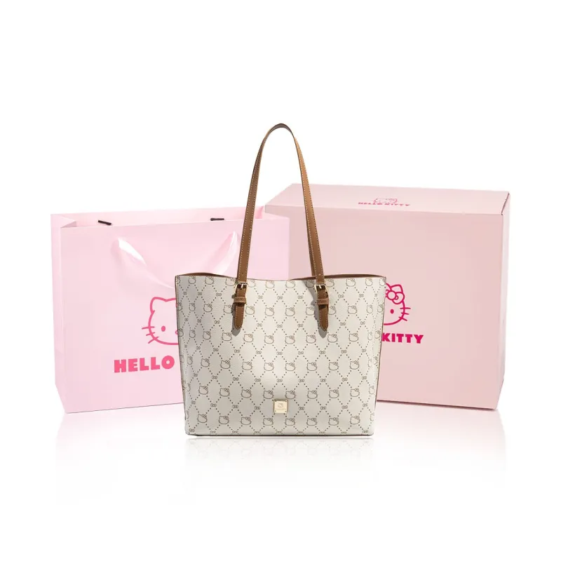 MESUCA Sanrio Hello Kitty Series PU Tote Bag, Shopping Bag, Shoulder Bag Large Size Women's Ecru/Khaki/Coffee-0