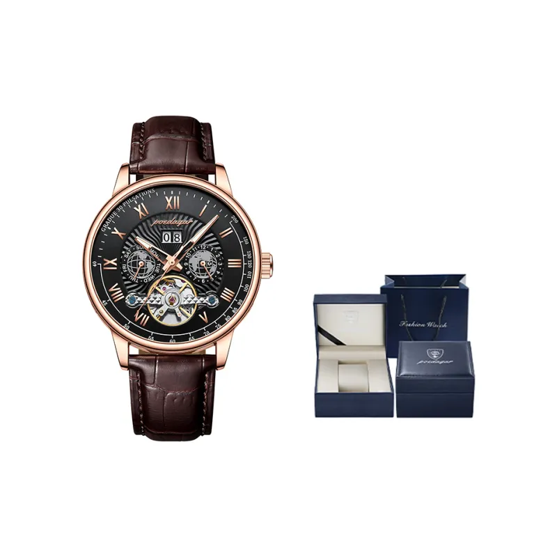 POEDAGAR Automatic Mechanical Movement Leather Strap Watch Men's Watches Gold Dial-27