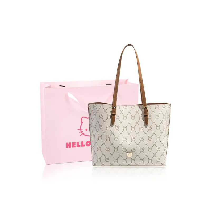 MESUCA Sanrio Hello Kitty Series PU Tote Bag, Shopping Bag, Shoulder Bag Large Size Women's Ecru/Khaki/Coffee-1