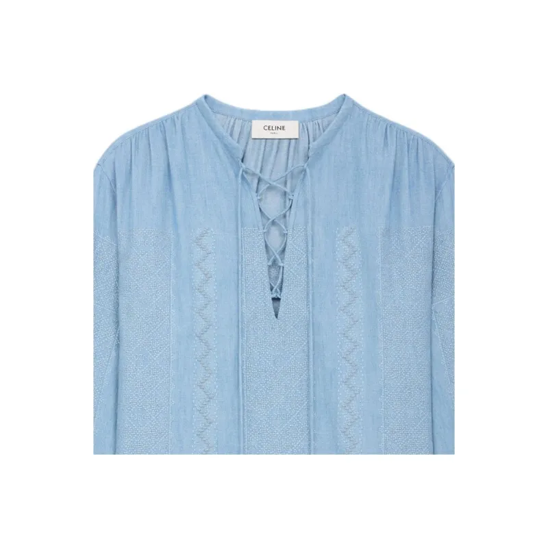 CELINE Embroidered Romy Blouse In Chambray Cotton-4