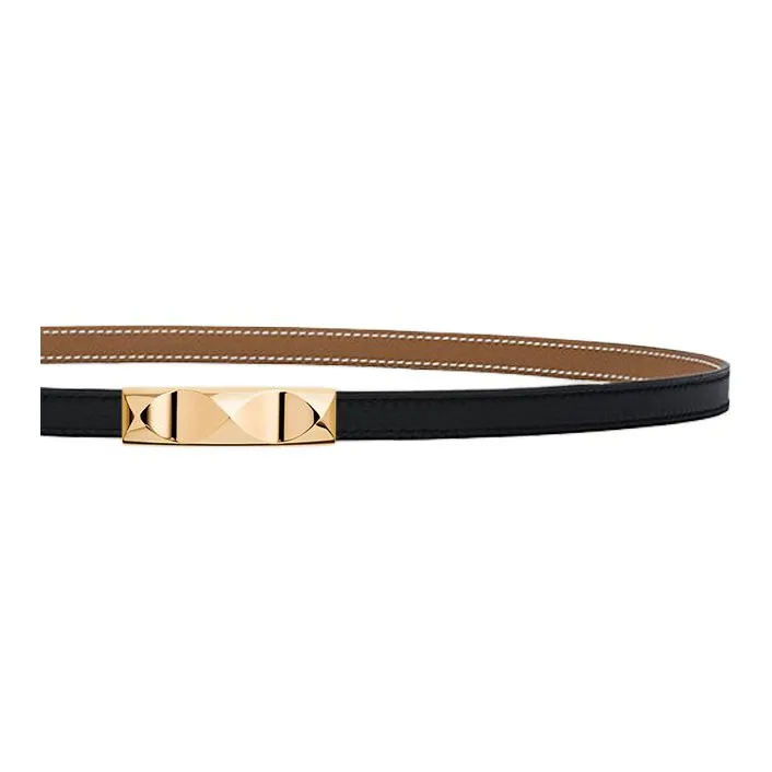 HERMES Calfskin, Metal, Gold Plated Leather Belts Women's Black Width 1.3CM-2