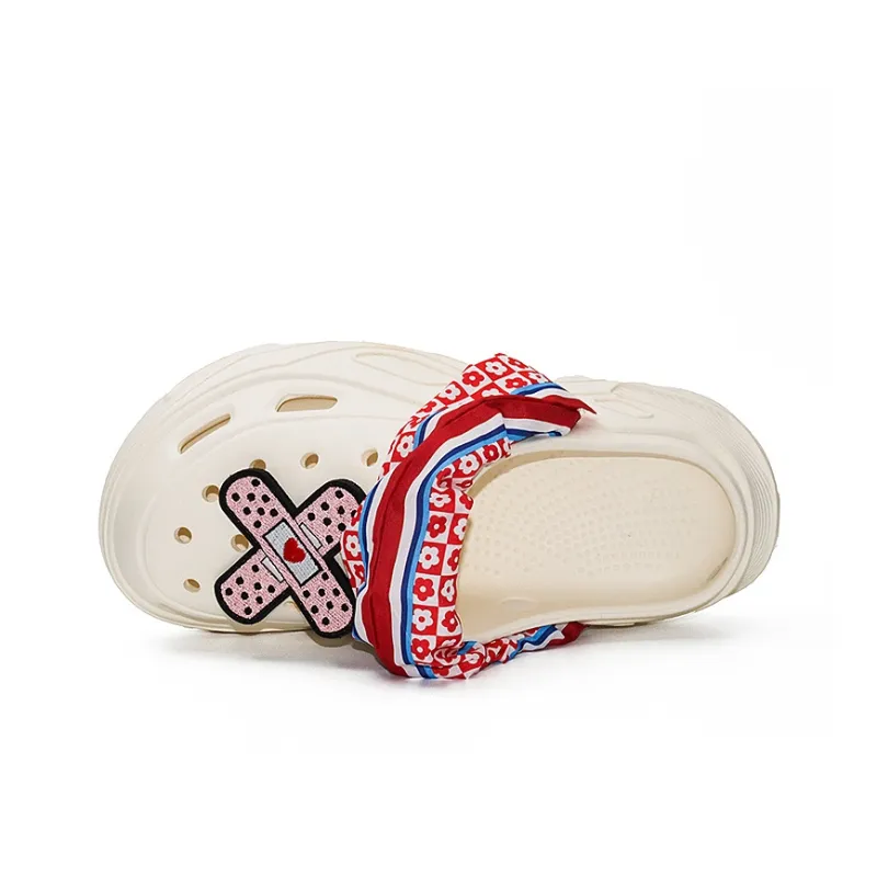 OUBT Floral Fabric Wrap, Cross Bandage Clogs Unisex Ecru-5
