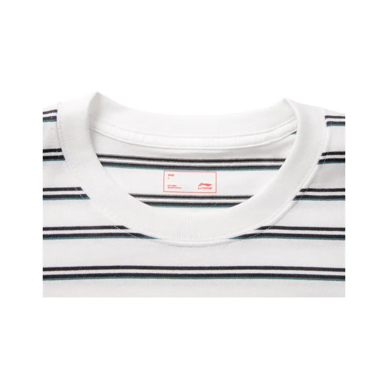 LiNing T Shirt Men's Champagne White/Black/Ink Green Stripes-1