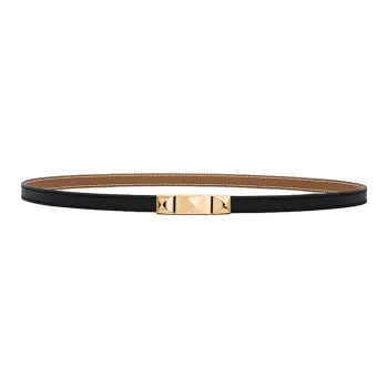 HERMES Calfskin, Metal, Gold Plated Leather Belts Women's Black Width 1.3CM