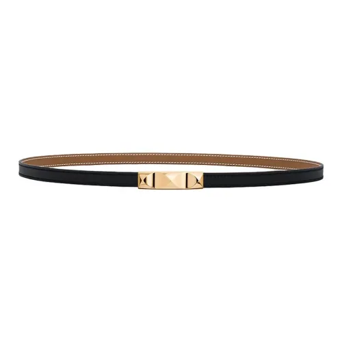 HERMES Calfskin, Metal, Gold Plated Leather Belts Women's Black Width 1.3CM