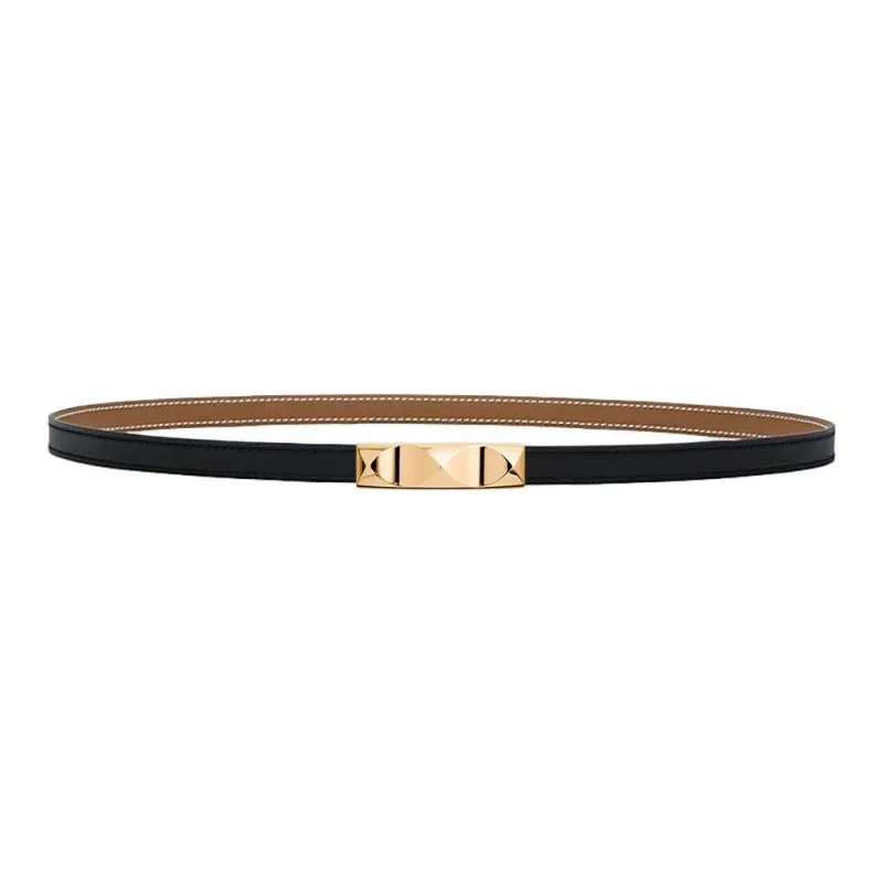 HERMES Calfskin, Metal, Gold Plated Leather Belts Women's Black Width 1.3CM-0