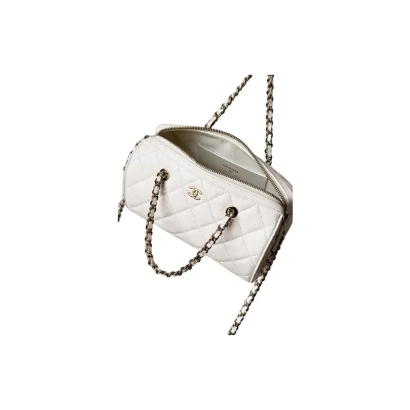 CHANEL Litchi Grain Cow Leather Shoulder Bag, Crossbody Bag, Handbag Trumpets Women's White-1