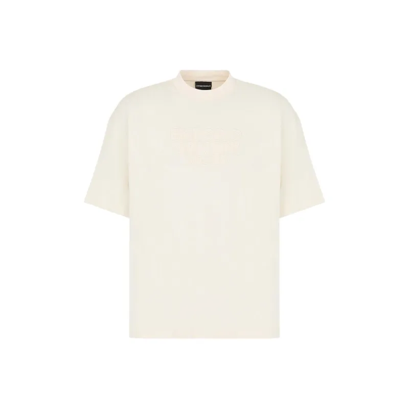 EMPORIO ARMANI Solid Color Logo Crew Neck Loose Fit Short Sleeved T Shirt T Shirt Men's Vanilla White-0