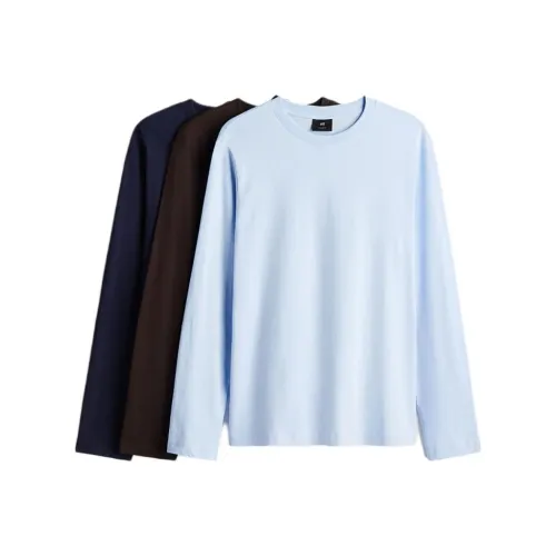 H&M T Shirts Men 3 Pack Marine Blue+Brown+Light Blue
