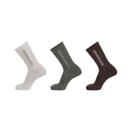 SALOMON Everyday Crew Mid Calf Socks Unisex 3 Pack Silver White/Gray Green/Tan