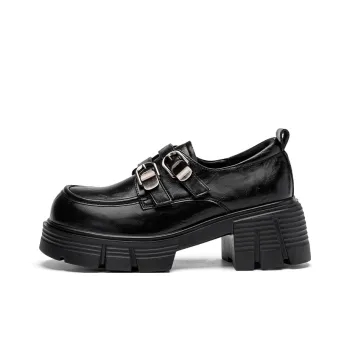 EXULL Q Vintage Small Leather Shoes Chunky Heel High Heels Women's Black