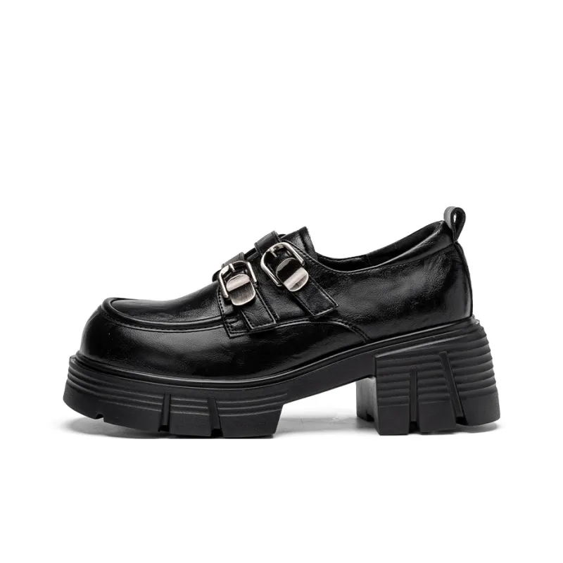 EXULL Q Vintage Small Leather Shoes Chunky Heel High Heels Women's Black-0