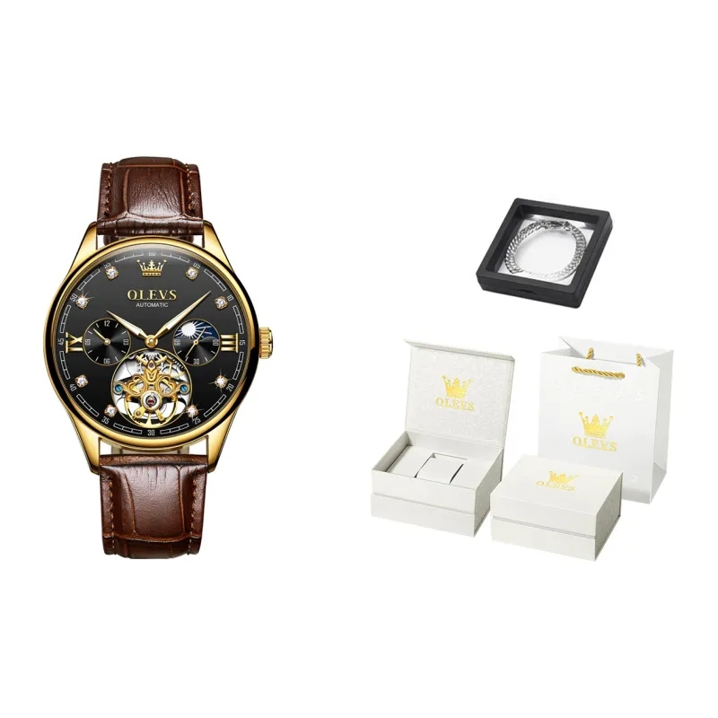 OLEVS Automatic Mechanical Movement PU Strap Watch Men's Watches White Dial-0
