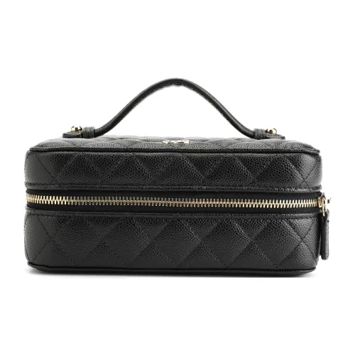 CHANEL Leather Makeup Bag Women's Black