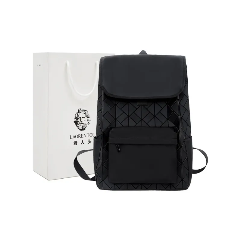 Old Man's Head Synthetic Leather Patchwork Fabric Backpack Unisex Black-0