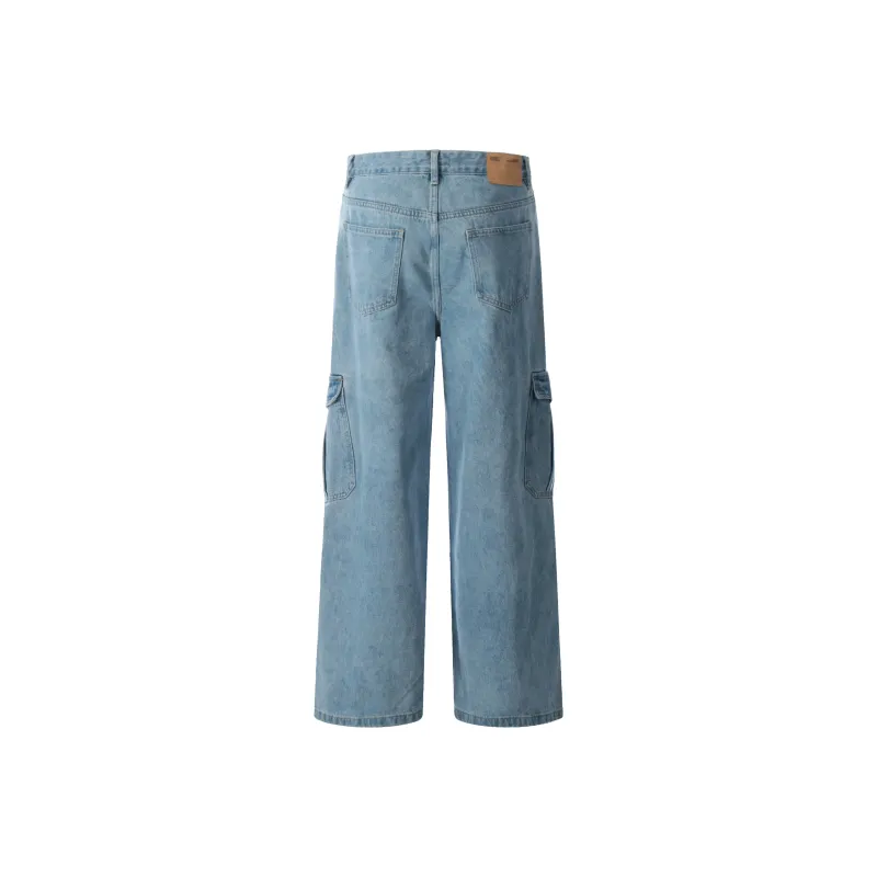 WLNEXT Multi Pocket Loose Fit Straight Fit Jeans For Couples Unisex Blue-1