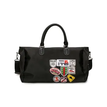Deli Bear Nylon One Shoulder Travel Bag Unisex Black Badge/Black Figure Print