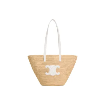 CELINE Classic Panier Series Raffia Shoulder Bag Medium Size Women's Beige & White
