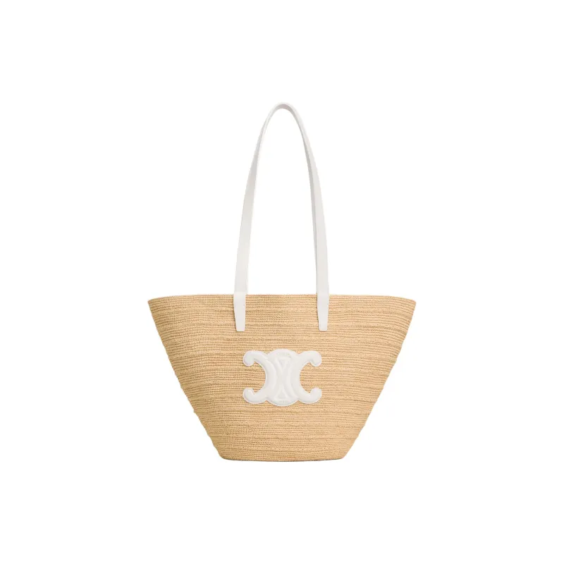 CELINE Classic Panier Series Raffia Shoulder Bag Medium Size Women's Beige & White-0