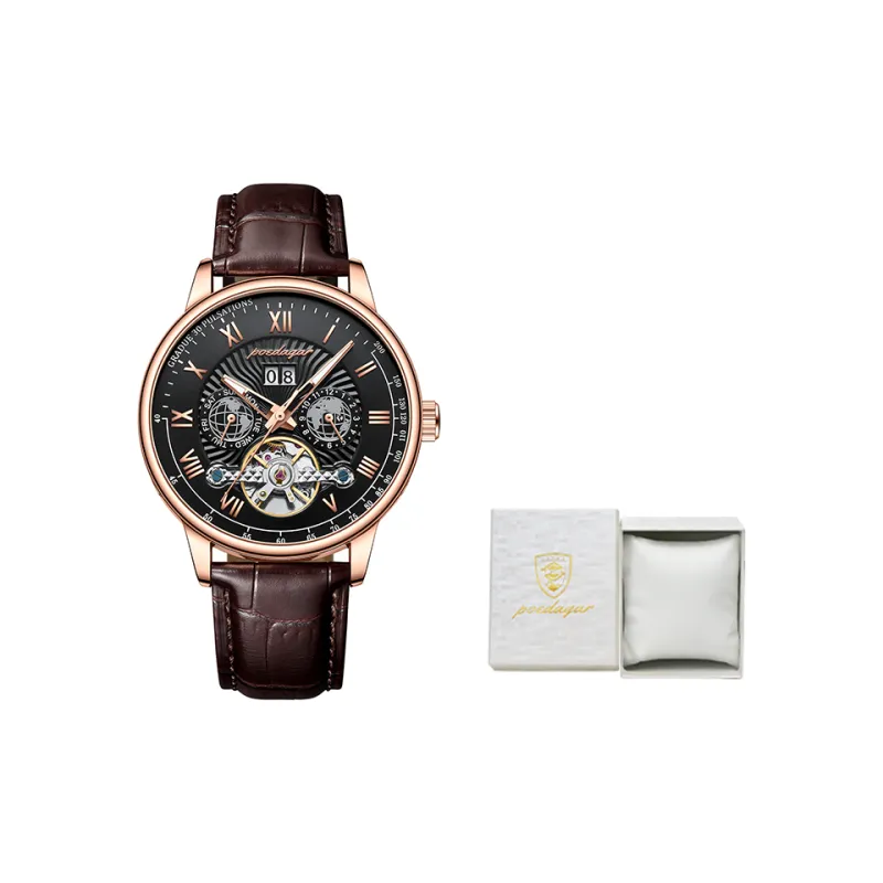 POEDAGAR Automatic Mechanical Movement Leather Strap Watch Men's Watches Gold Dial-6